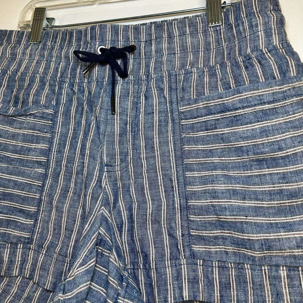 Athleta Cabo Linen Shorts Pull on Blue White Striped Drawstring Lightweight 4 - Picture 2 of 8